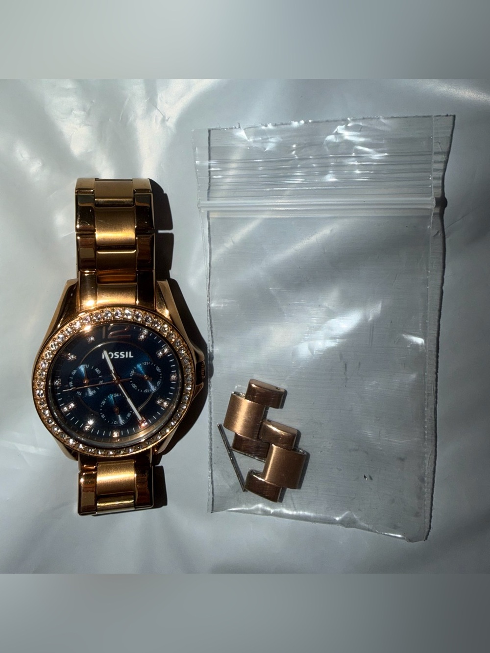 Fossil Rose Gold Watch with Navy Dial & Crystal Bezel - Needs Replace Battery